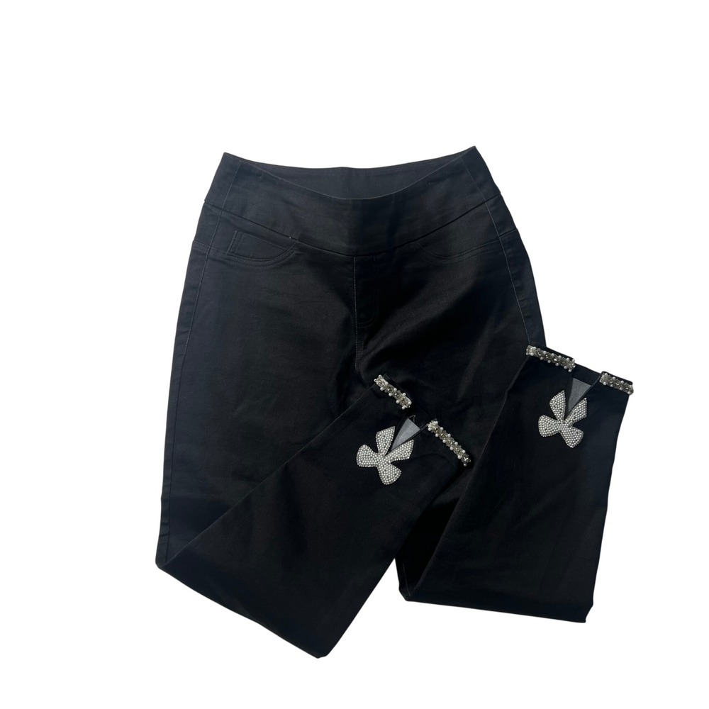 Lulu-B Black Pearl Rhinestone Bow Embellished Cropped Pull On Pants Size 6